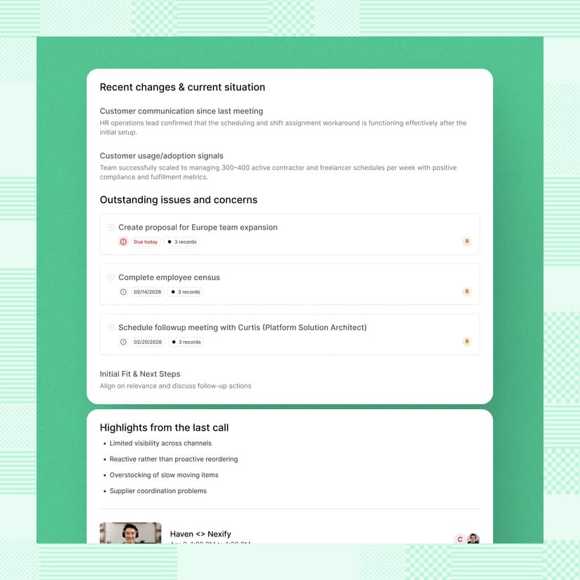 Reevo Win: Video meeting summary tool with AI-generated transcript, sentiment analysis, and highlights, showing woman in headphones during remote call, business productivity software on blue background
