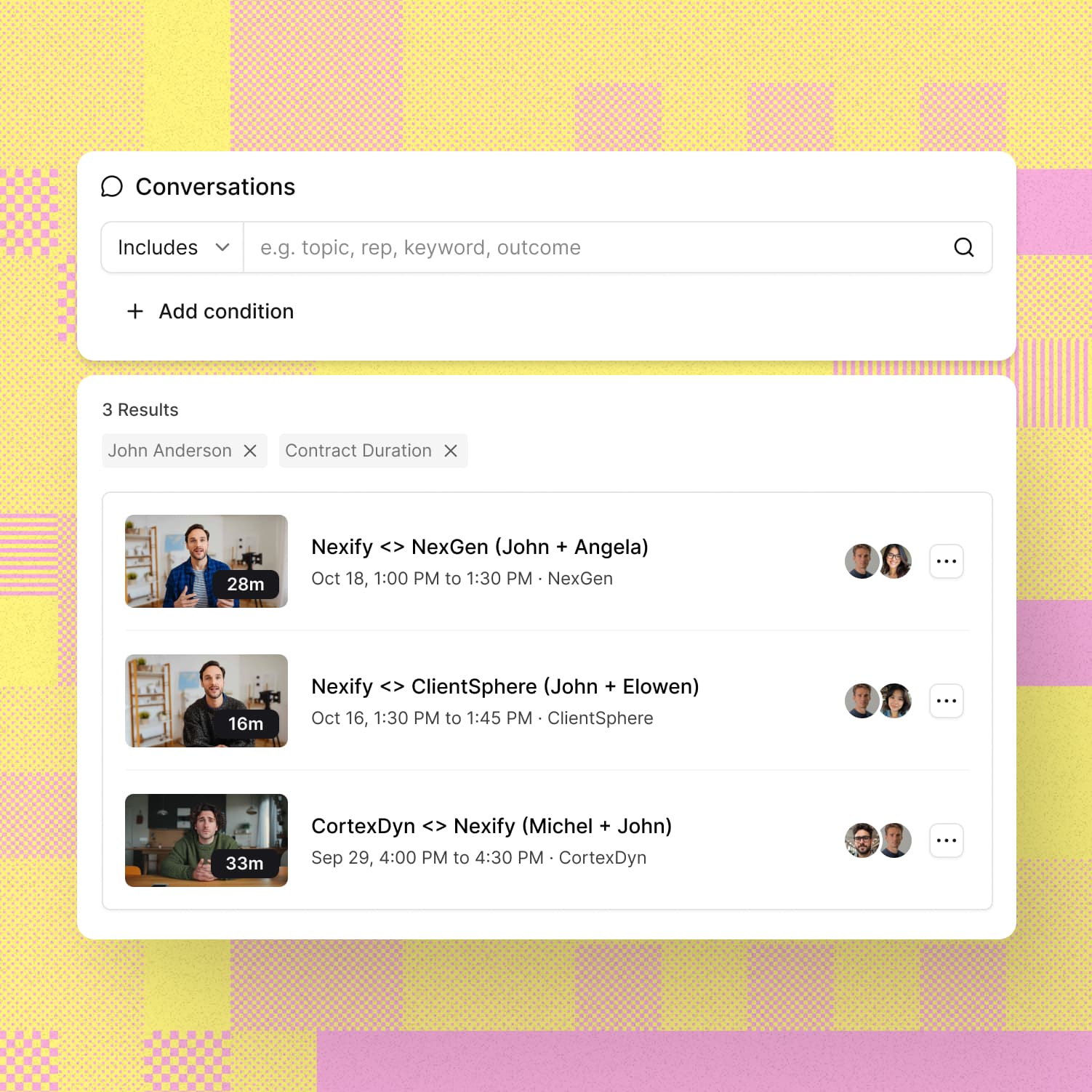 Reevo conversation search filtered by rep and topic, returning matching recorded calls with durations and dates
