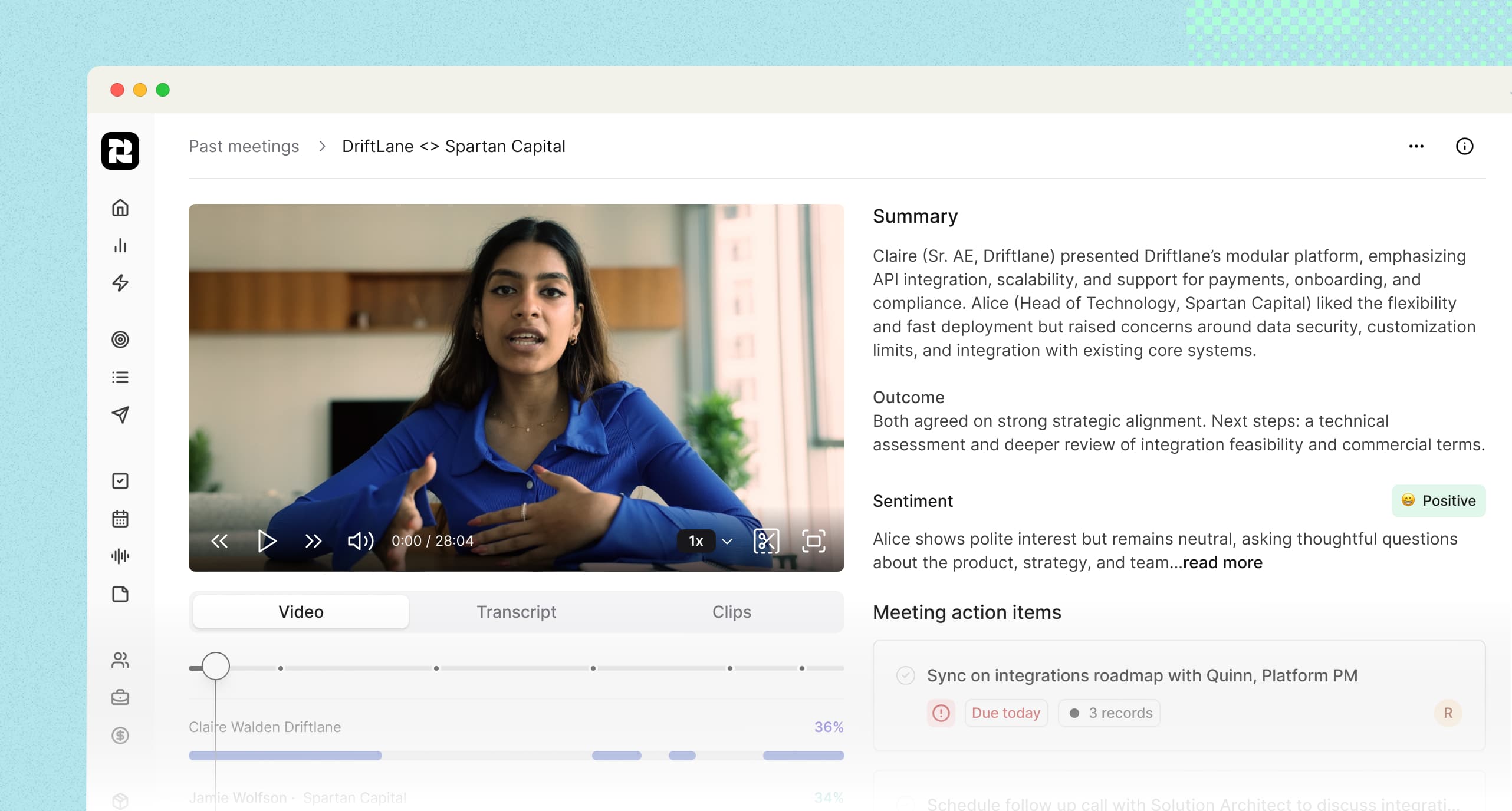 AI meeting assistant in Reevo CRM showing video recording with transcript, automated summary, sentiment analysis, and task generation for sales outreach and follow-up