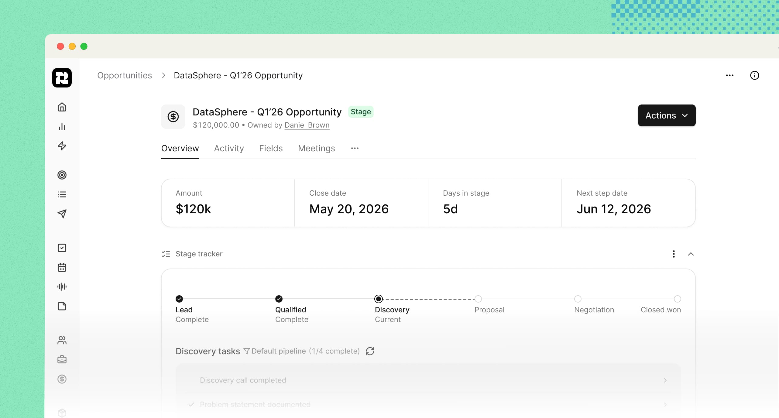 AI meeting assistant in Reevo CRM showing video recording with transcript, automated summary, sentiment analysis, and task generation for sales outreach and follow-up