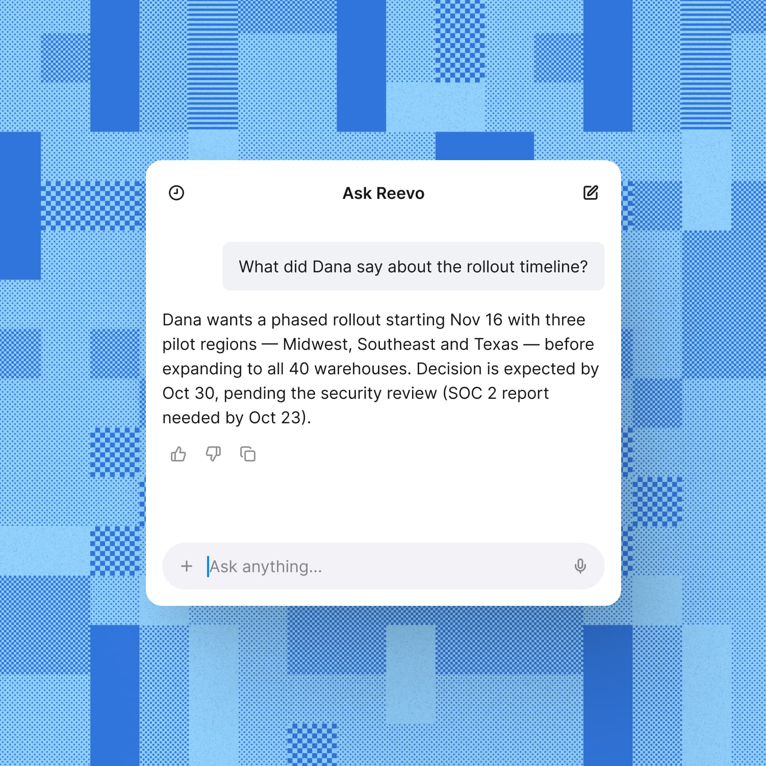 Reevo desktop app using Ask Reevo mid-call to recall what the customer said about the rollout timeline