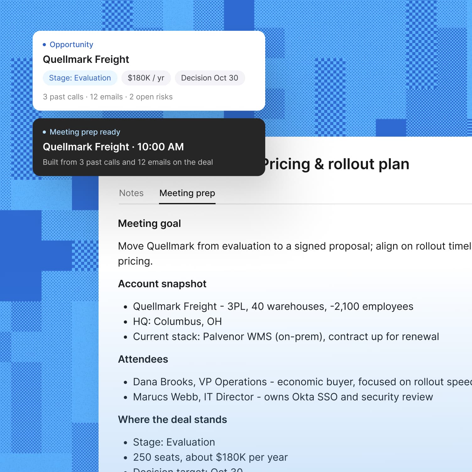 Reevo desktop app showing meeting prep for the Quellmark Freight opportunity, built from the deal's past calls and emails