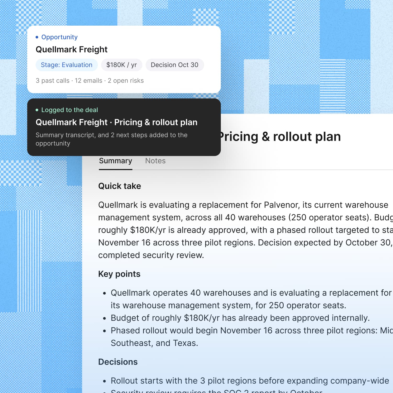 Reevo desktop app logging the call summary and next steps to the Quellmark Freight opportunity