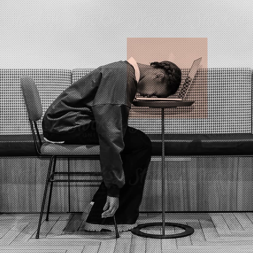 Surreal black and white photo of a person sitting at a table with coffee cups, covering their head with crumpled foil, pop art style with purple overlay