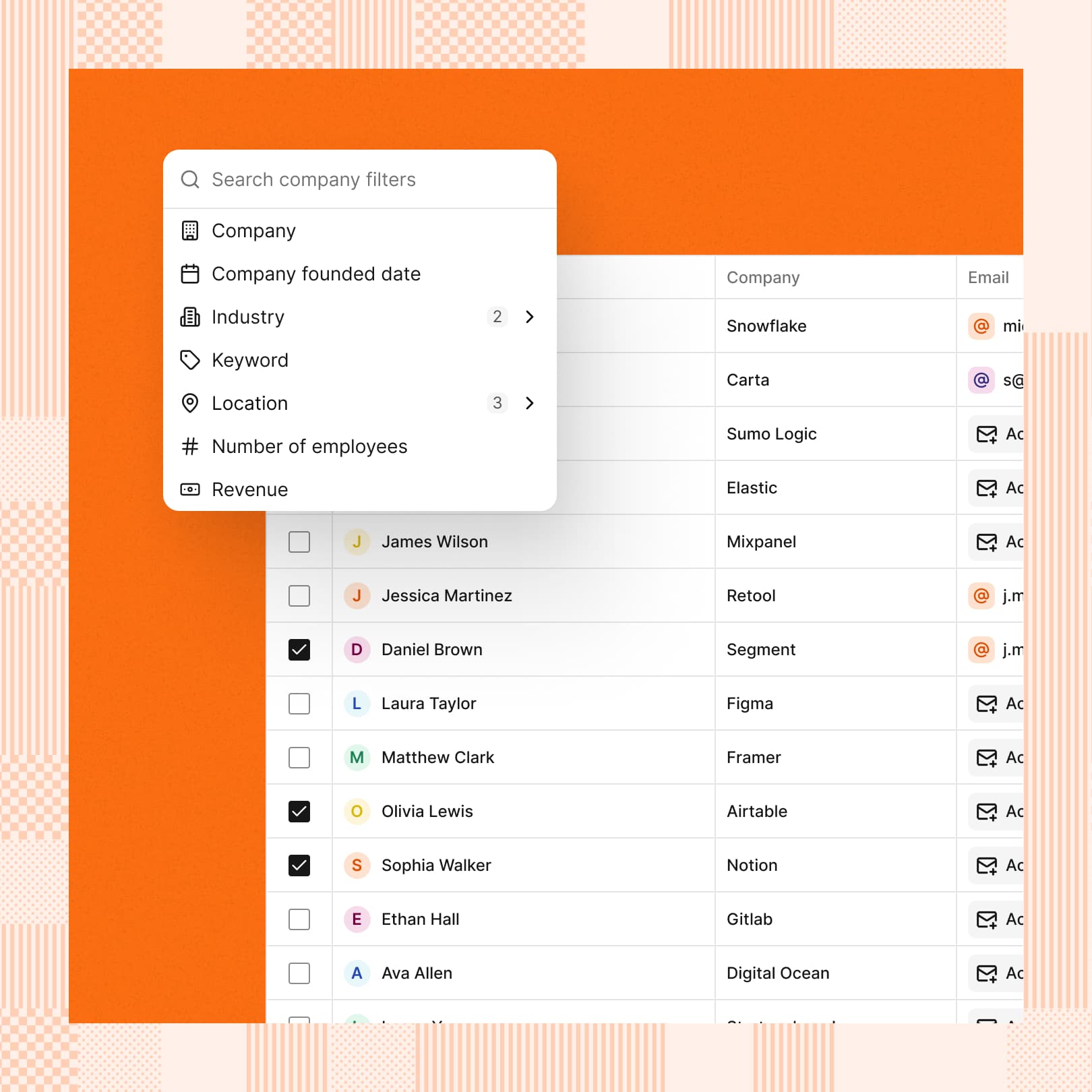 Reevo Find: Lead generation CRM screenshot with company filters including industry, location, employees, and revenue, alongside contact list of professionals with names, companies, and emails