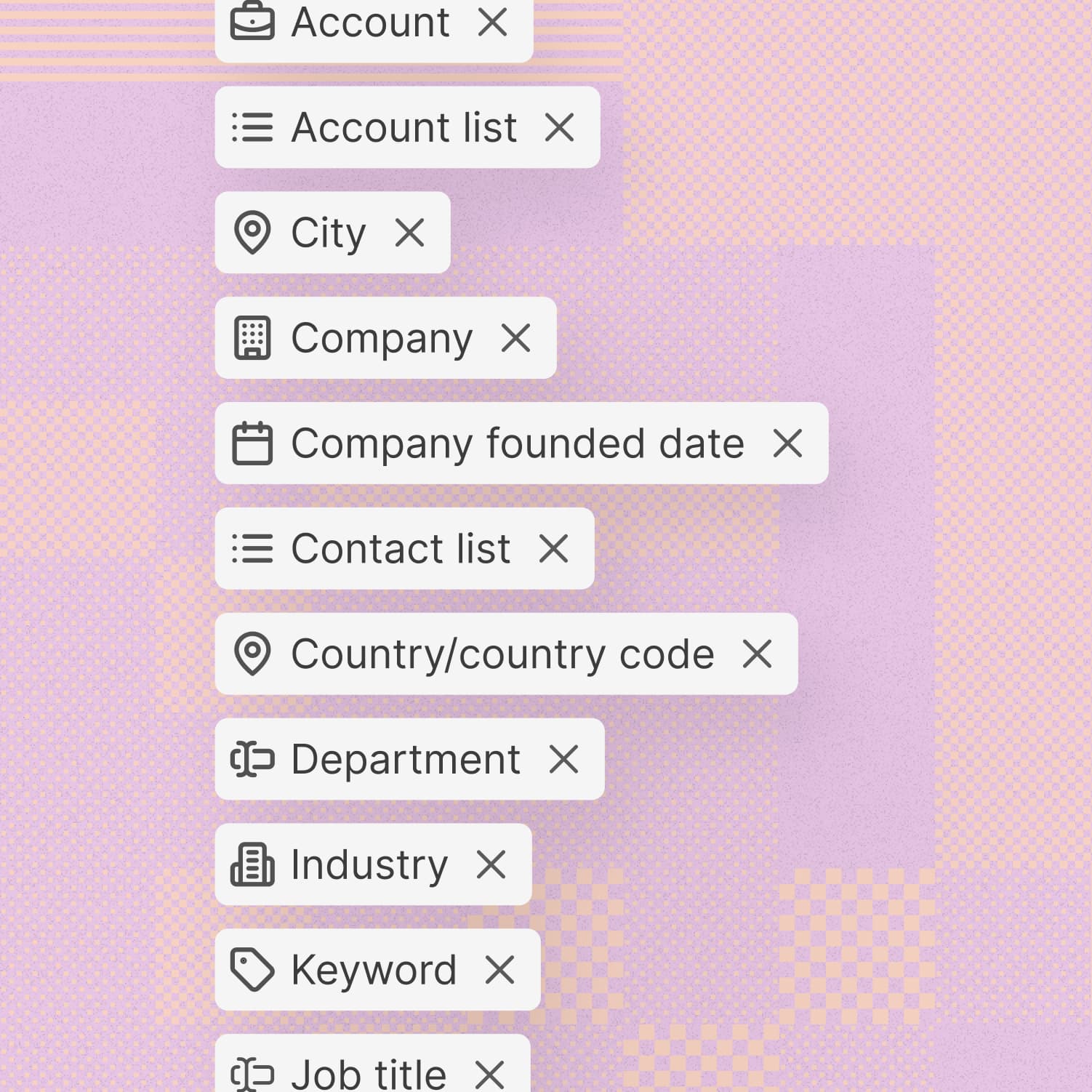 Advanced CRM filters for prospecting and sales outreach, including job title, funding stage, company size, region, revenue, seniority, technology, and years of experience
