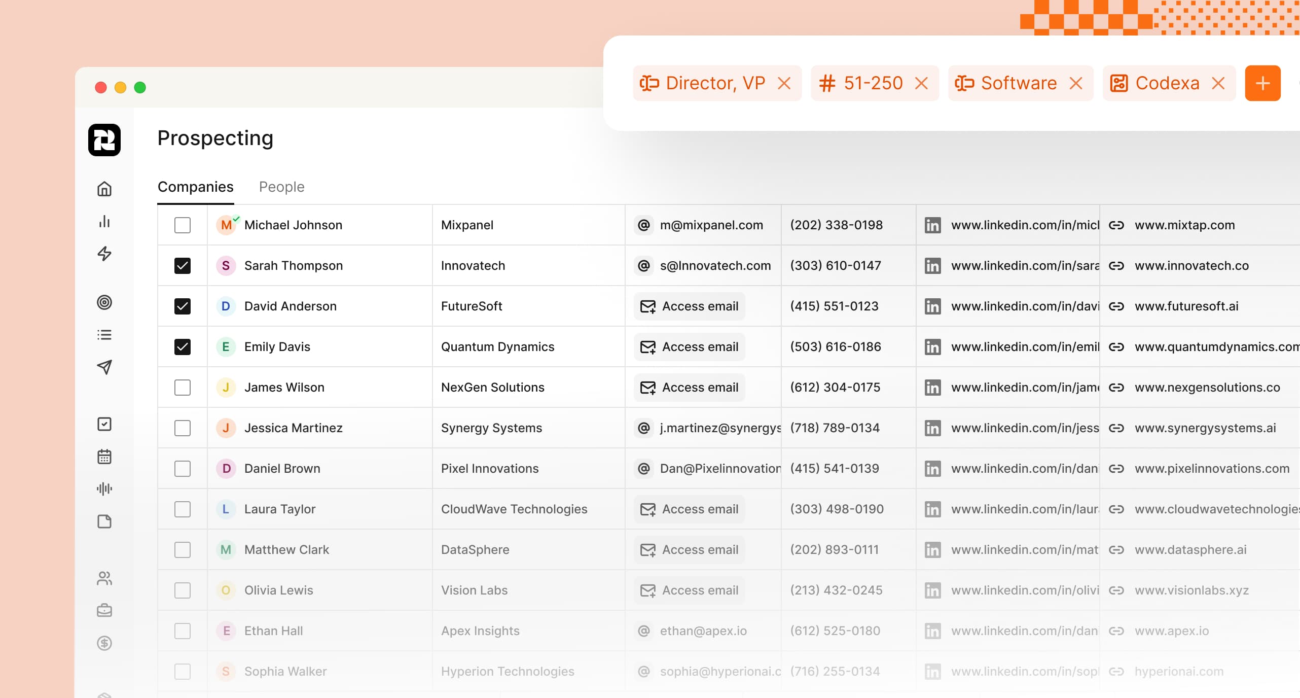 Prospecting dashboard in Reevo CRM showing filtered B2B contact list with names, companies, emails, phone numbers, LinkedIn profiles, and websites for lead generation and outreach