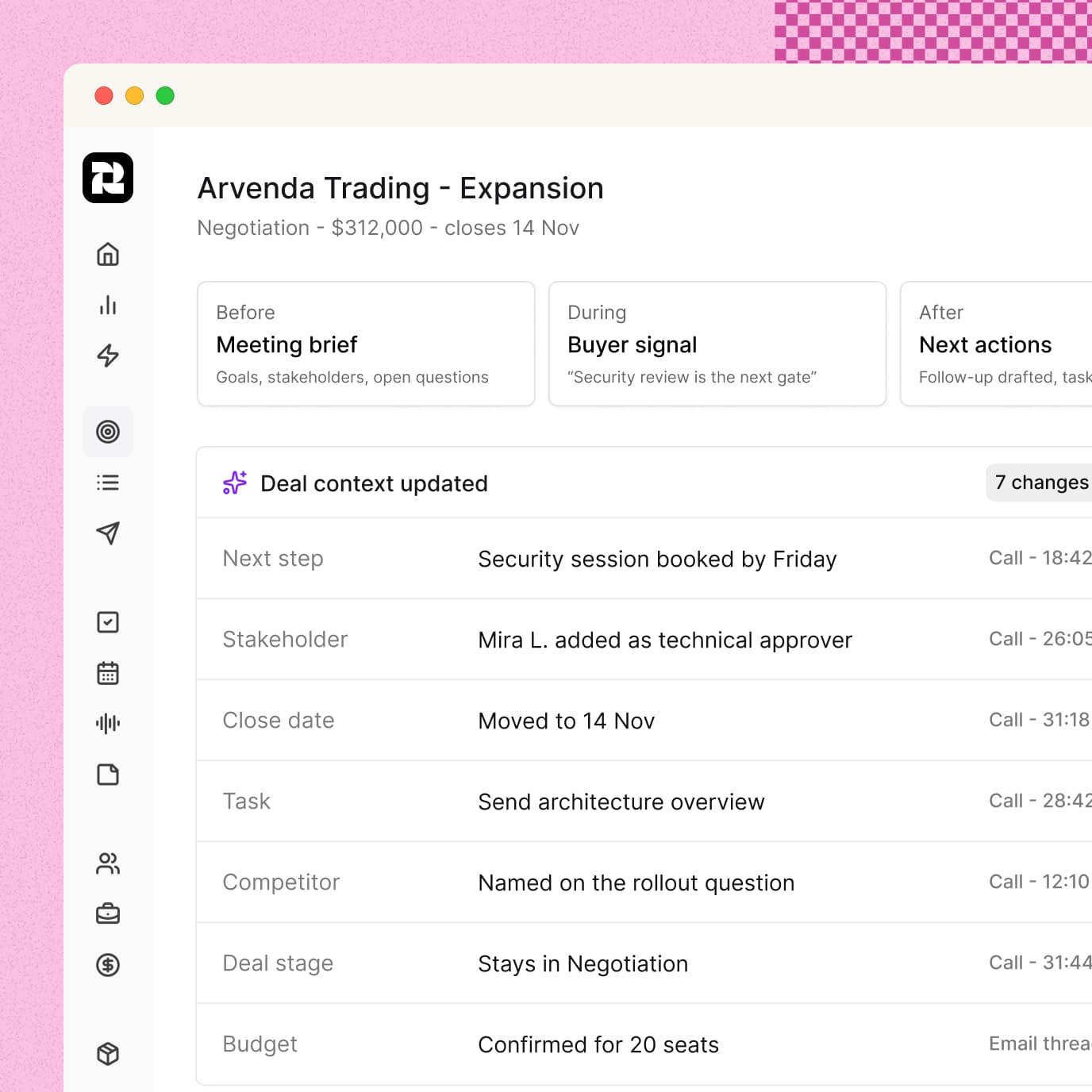 Reevo's Arvenda Trading opportunity view with Before, During, and After cards and a deal-context table listing seven changes captured from calls and email, each with its source