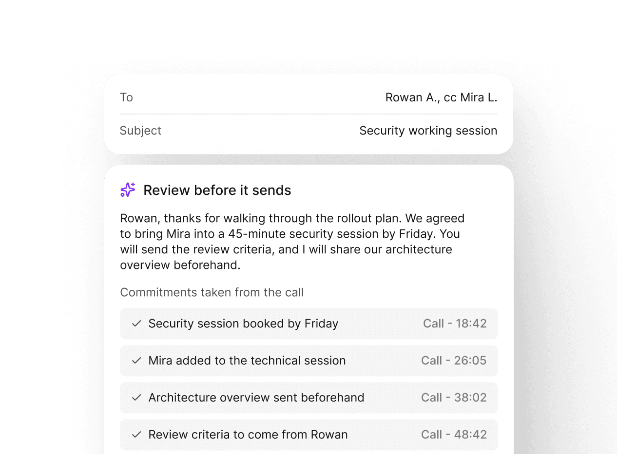 A follow-up email Reevo drafted from the call, with each captured commitment linked to the call moment it came from