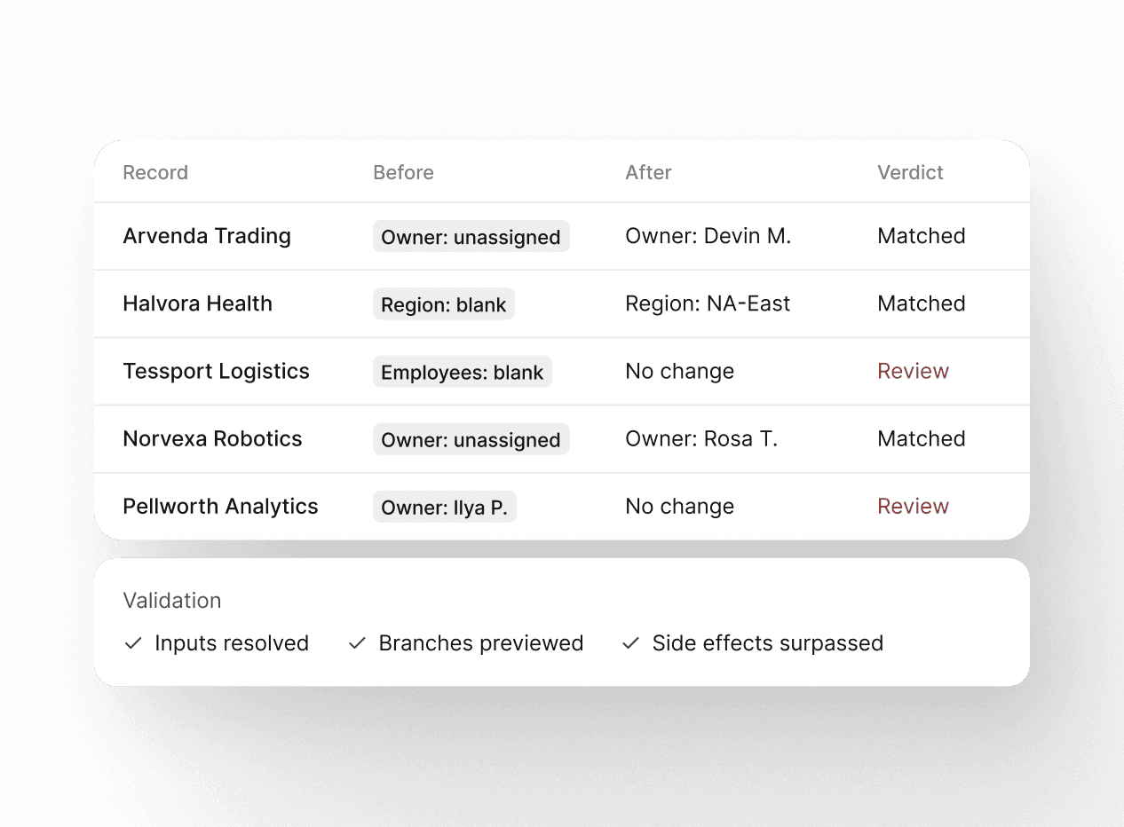 A Reevo workflow dry-run preview showing each record's before and after values and a matched-or-review verdict, with validation checks passed