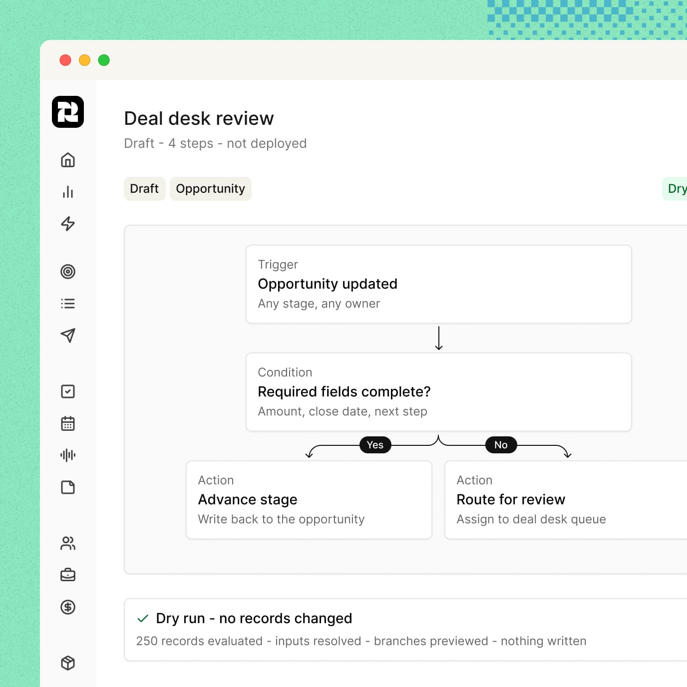 Reevo's Deal desk review workflow builder showing a trigger, a required-fields condition branching to advance or route, with a dry run reporting 250 records evaluated and nothing written