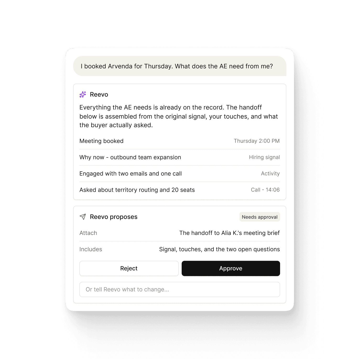 A Reevo answer assembling the SDR-to-AE handoff for a booked meeting — the signal, engagement, and questions asked — proposing to attach it to the meeting brief