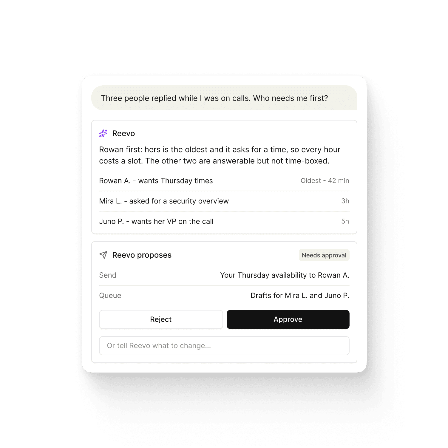 A Reevo answer ranking three overnight replies by urgency and proposing to send availability to the most time-sensitive contact and queue drafts for the others