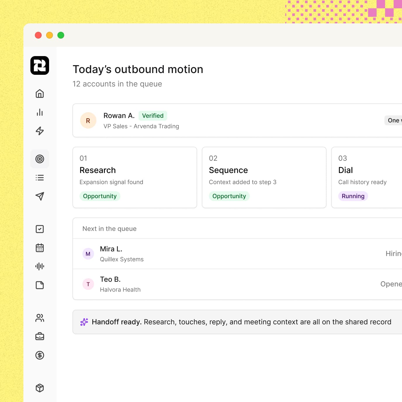 Reevo's Today's outbound motion queue with a verified contact and Research, Sequence, and Dial step cards, a next-in-queue list, and a note that the handoff is ready